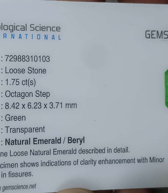 Certified 1.75ct Natural Zambian Emerald Medium Light Green Stone.