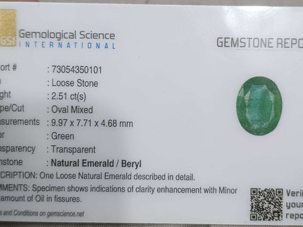 Zambian Emerald 2.51ct Certified Natural Medium Intense Green Minor Oiled Loose Gemstone