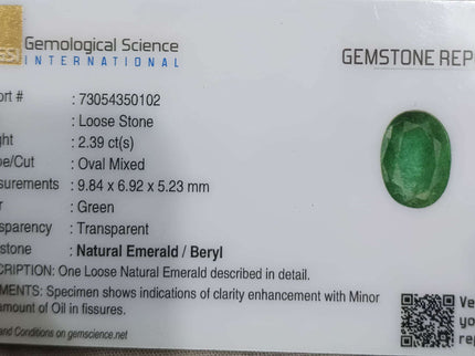Certified 2.39ct Natural Zambian Emerald.