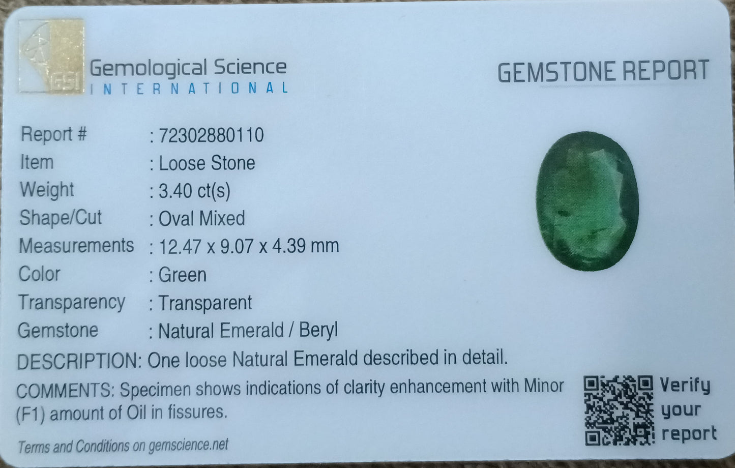 GSI Certified 3.40ct Zambian Emerald, 100% Natural Gemstone