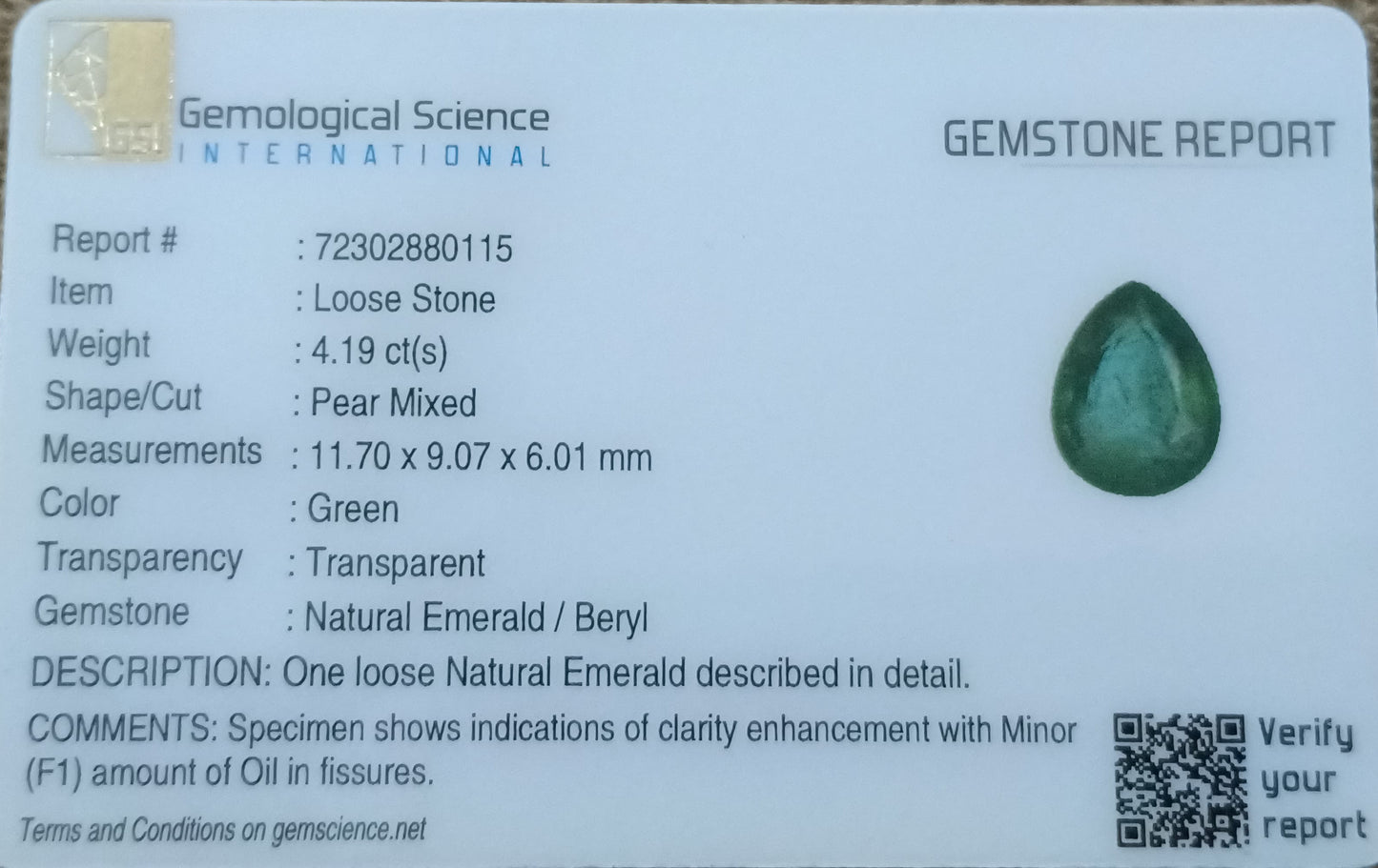 GSI Certified 4.19ct Medium Deep Zambian Emerald, 100% Natural Earth Mined Gemstone