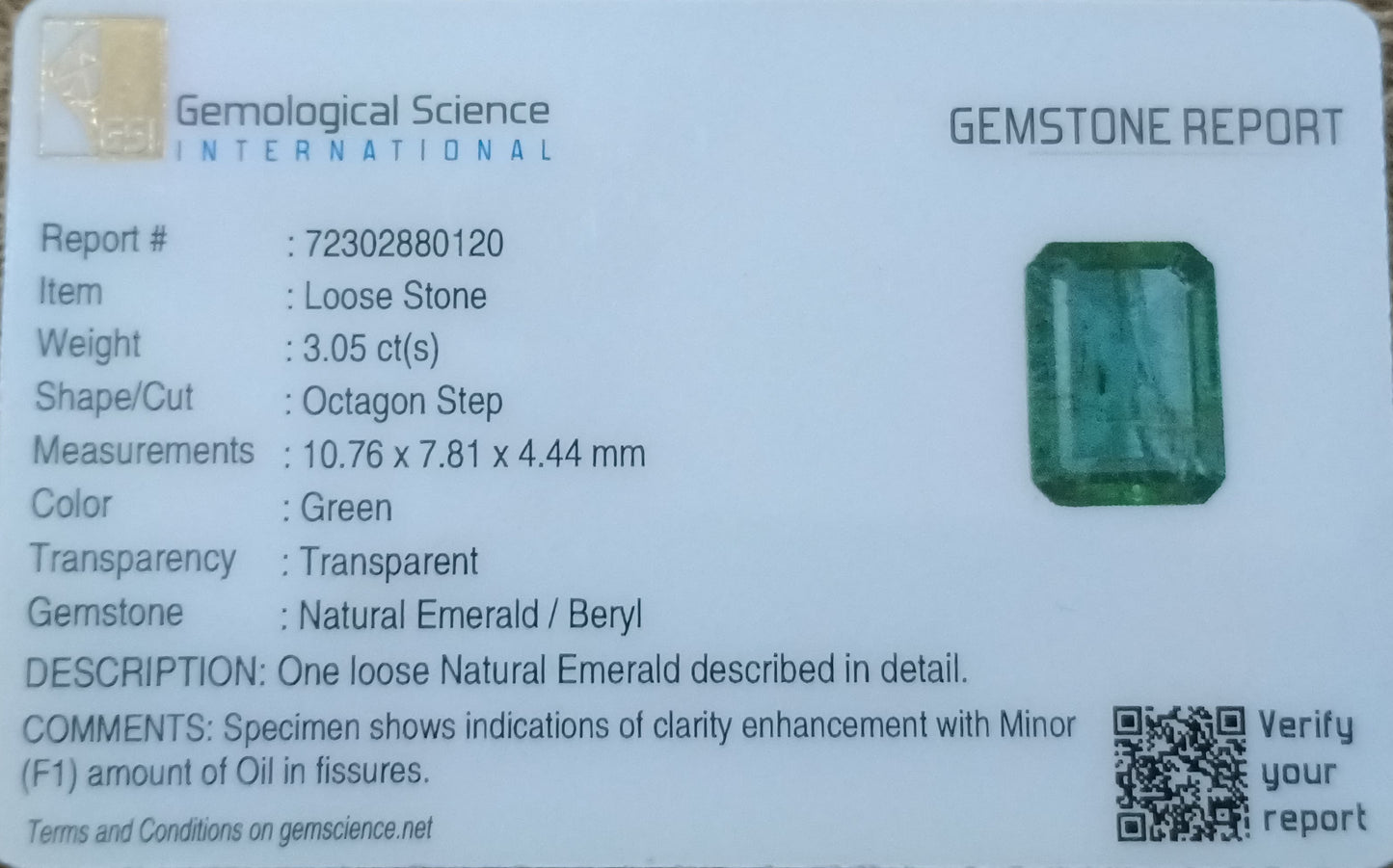 GSI Certified 3.05ct Zambian Emerald, 100% Natural Gemstone