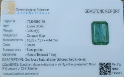 GSI Certified 3.05ct Zambian Emerald, 100% Natural Gemstone