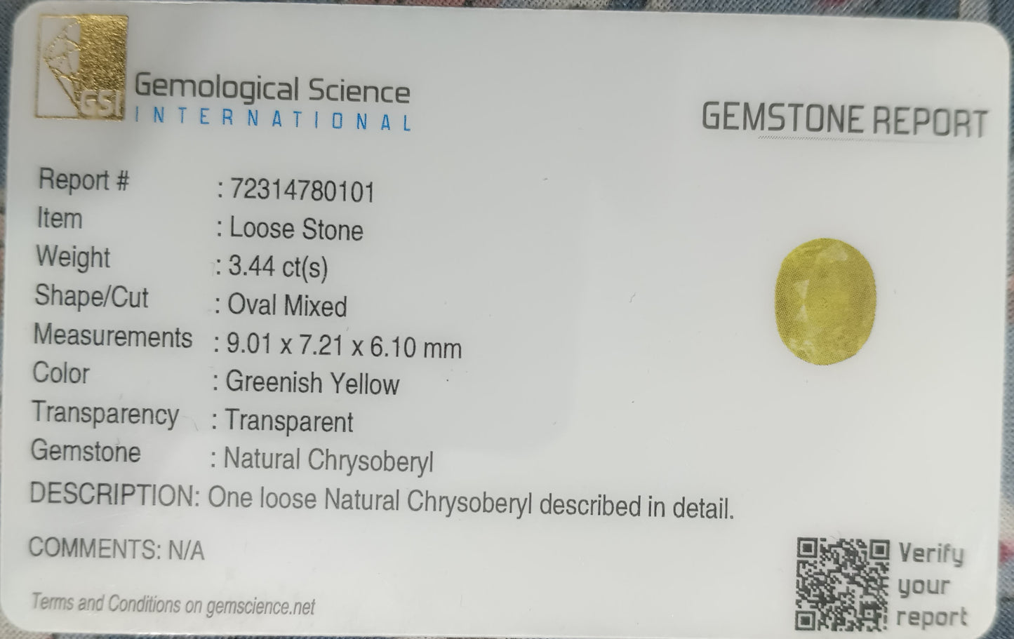 GSI Certified 3.44ct Intense Greenish Yellow Sri Lanka Chrysoberyl, 100% Natural Earth Mined untreated Gemstone