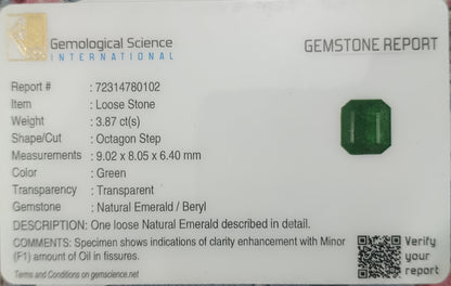 GSI Certified 3.87ct Deep Velvet Green Swat Emerald , 100% Natural Earth Mined Gemstone