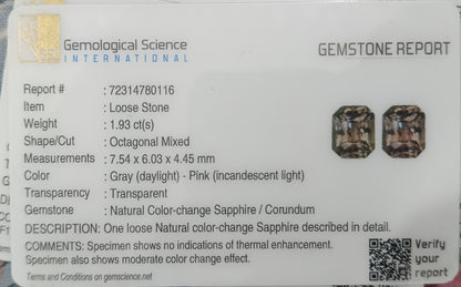 GSI Certified 1.93ct Color Change Ceylon Sapphire, 100% Natural Untreated Gemstone