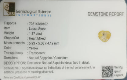 GSI Certified 1.17ct Modified Heart Cut Light Yellow Ceylon Sapphire, 100% Natural Untreated Gemstone