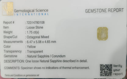 GSI Certified 1.75ct Emerald Cut Light Yellow Ceylon Sapphire, 100% Natural Untreated Gemstone