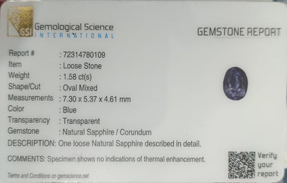 GSI Certified 1.58ct Deep Blue Ceylon Sapphire, 100% Natural Untreated Gemstone