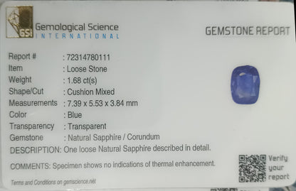 GSI Certified 1.68ct Blue Ceylon Sapphire, 100% Natural Untreated Gemstone