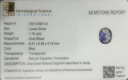 GSI Certified 1.76ct Blue Sapphire, 100% Natural Untreated Gemstone