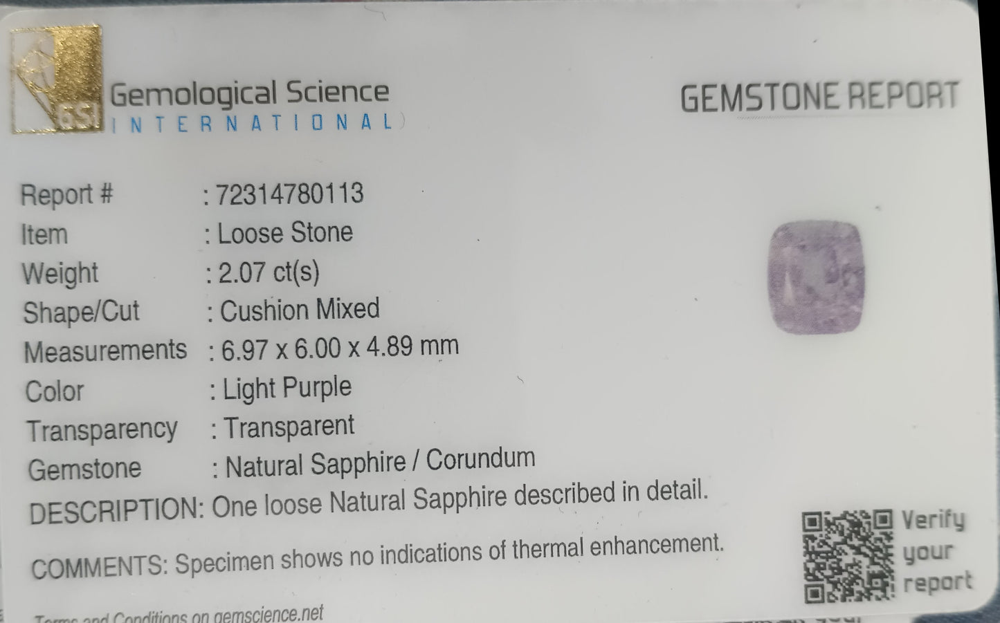 GSI Certified 1.73ct Purplısh Blue Ceylon Sapphire, 100% Natural Untreated Gemstone