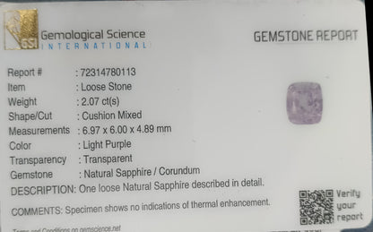 GSI Certified 1.73ct Purplısh Blue Ceylon Sapphire, 100% Natural Untreated Gemstone