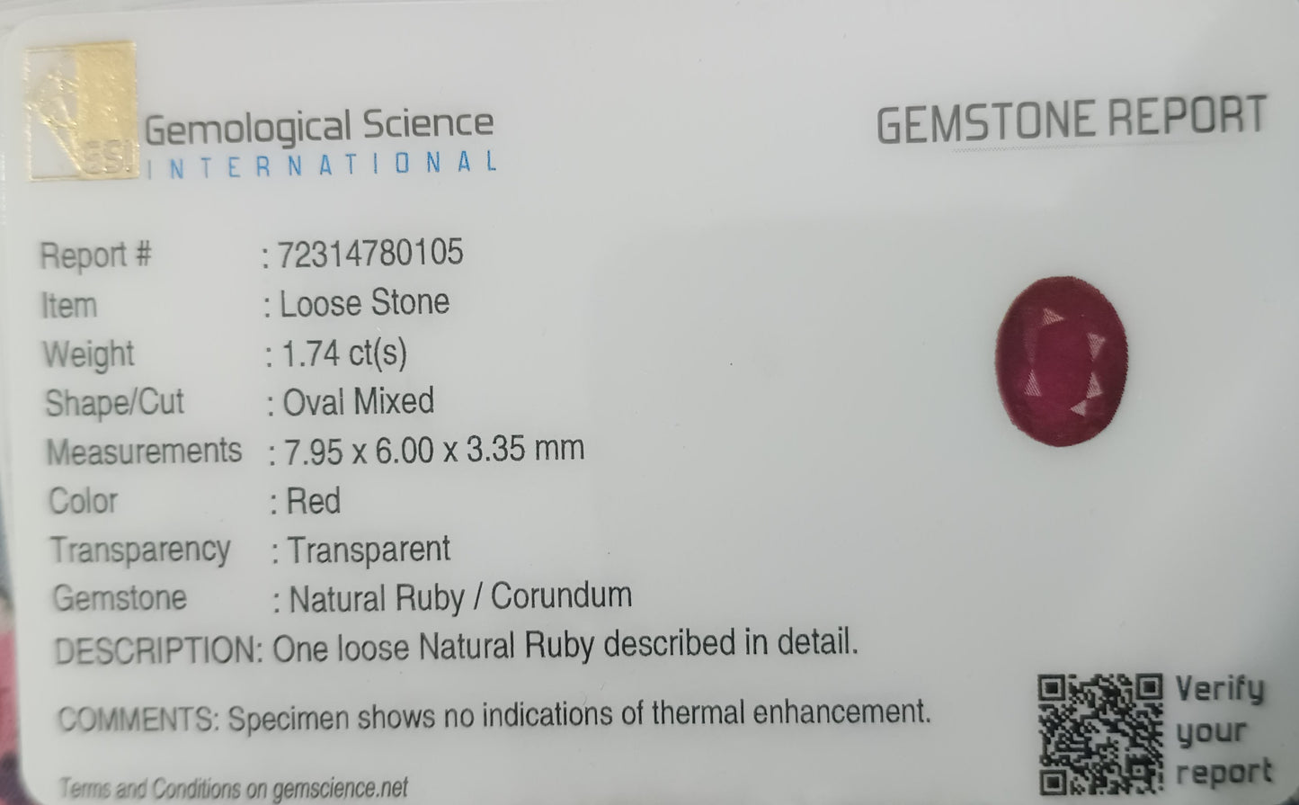 GSI Certified 1.74ct Burmese Ruby. 100% Natural Untreated Gemstone