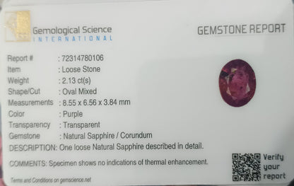 GSI Certified 2.13ct Purple Ceylon Sapphire , 100% Natural Untreated Gemstone