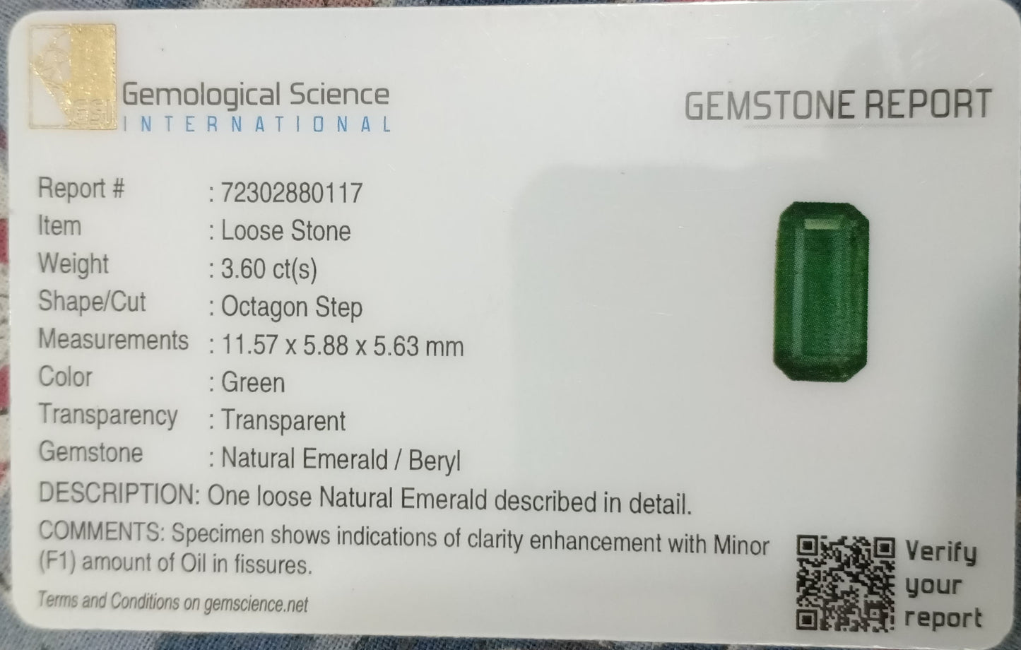 GSI Certified 3.60ct Medium Vivid Green Swat Emerald , 100% Natural Earth Mined Gem.