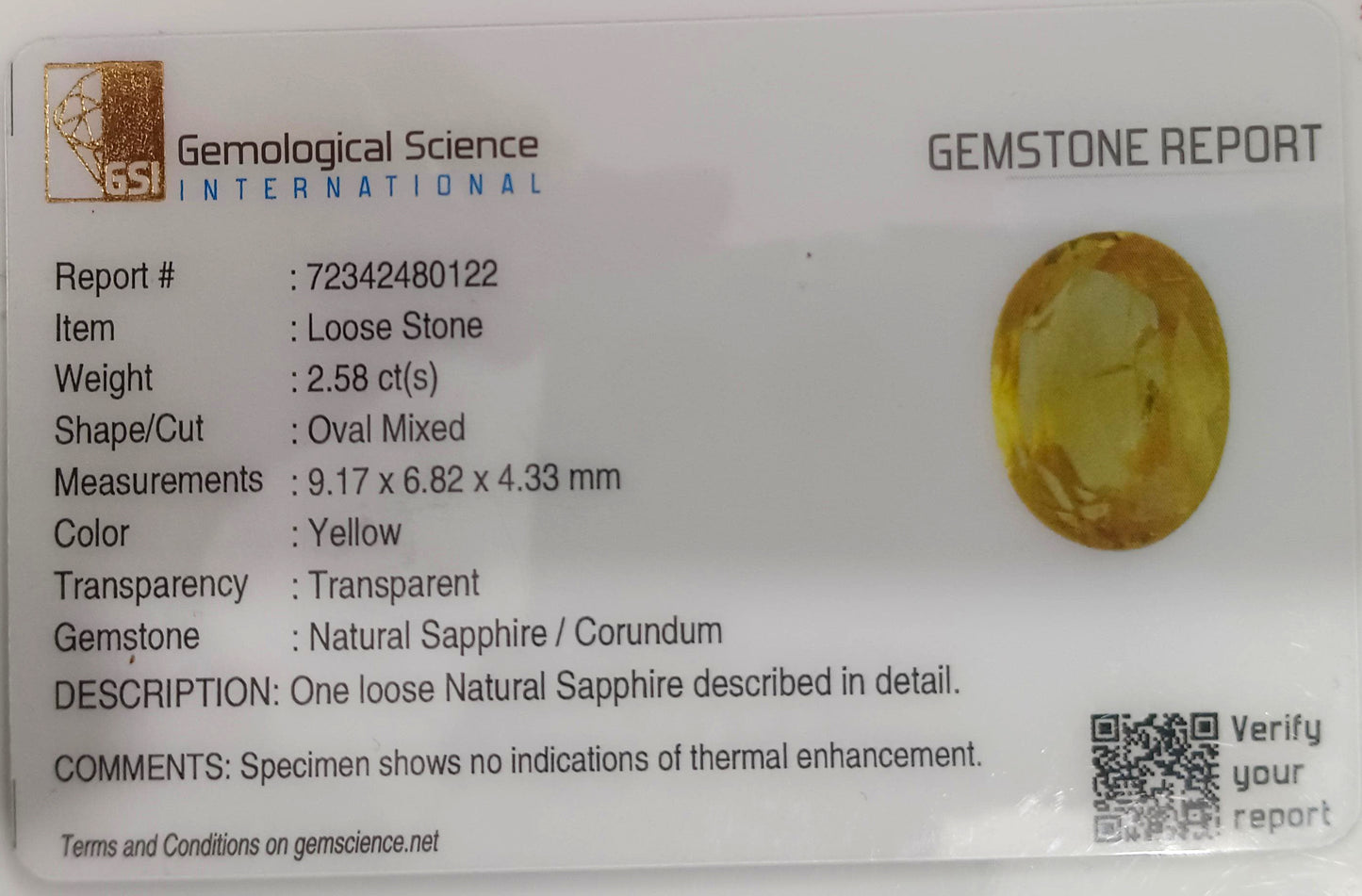 GSI Certified 2.58ct Yellow Ceylon Sapphire, 100% Natural Untreated Gemstone