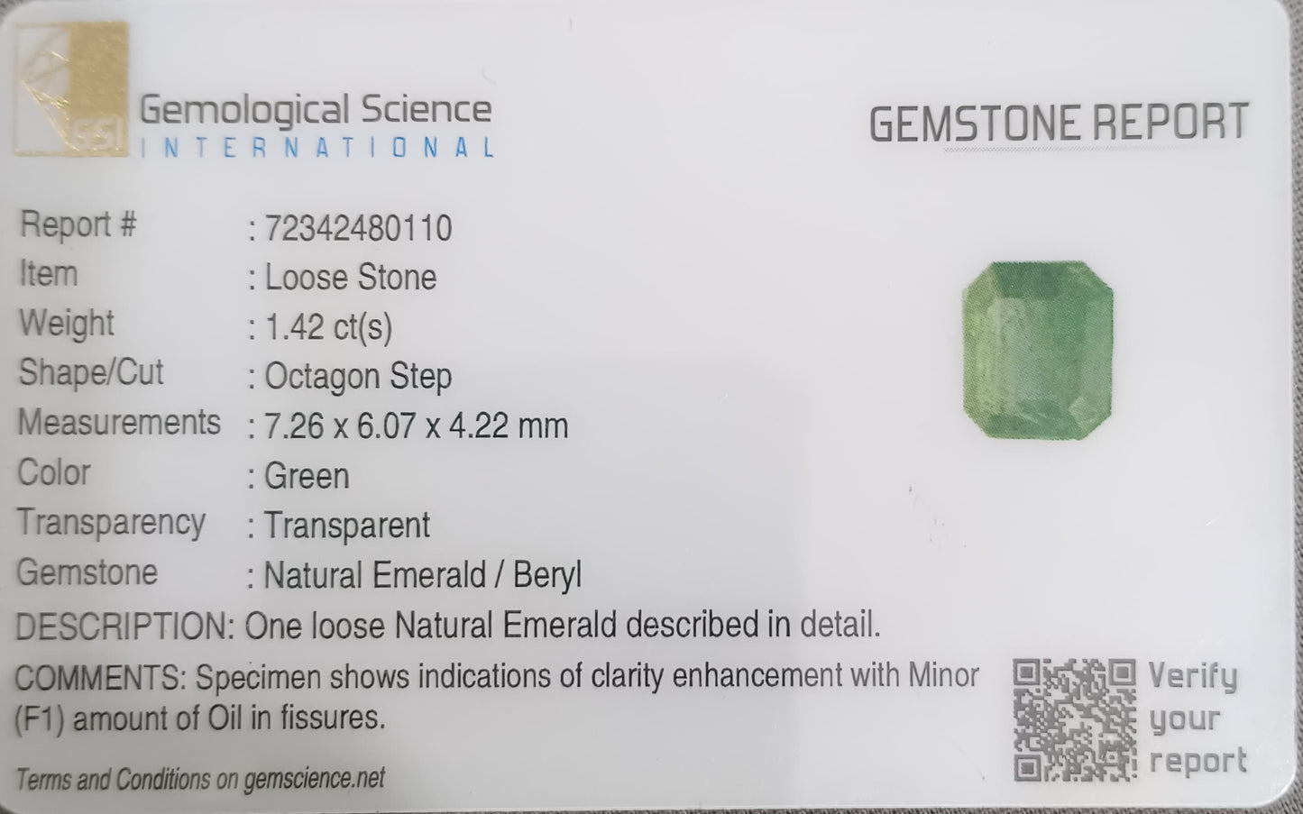 GSI Certified 1.42ct Zambian Emerald, 100% Natural Gemstone