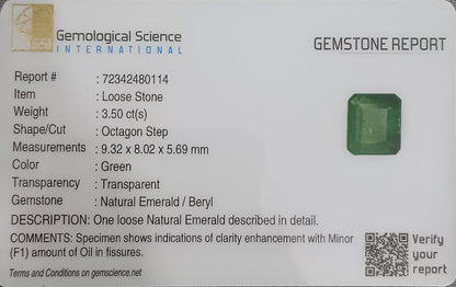 GSI Certified 3.50ct Deep Green Swat Emerala, 100% Narural Gemstone