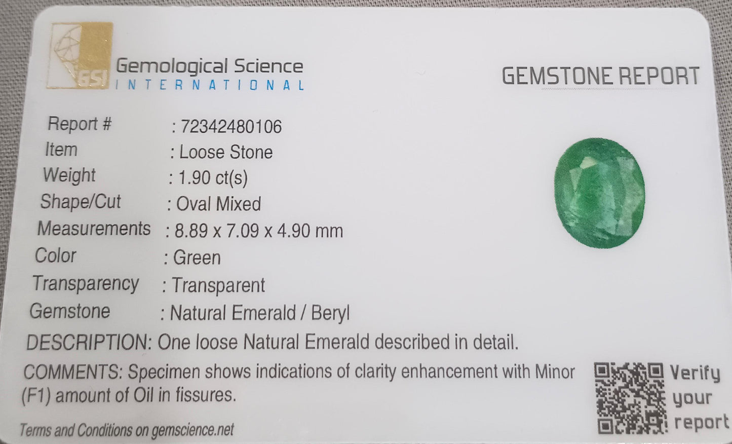 GSI Certified 1.90ct Vivid Medium Green Emerald, 100% Natural Gemstone