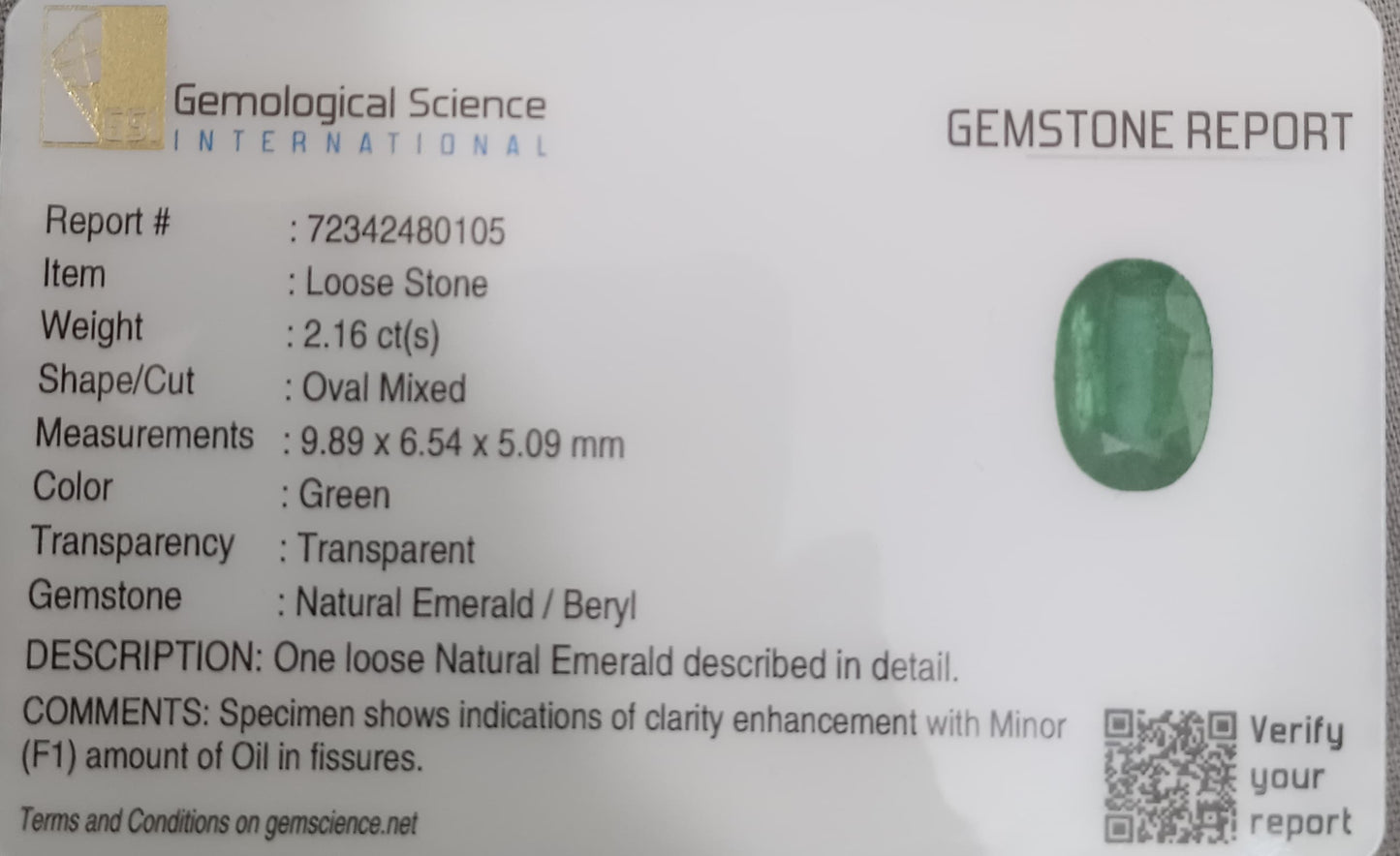 GSI Certified 2.16ct Medium Green Zambian Emerald, 100% Natural Gemstone