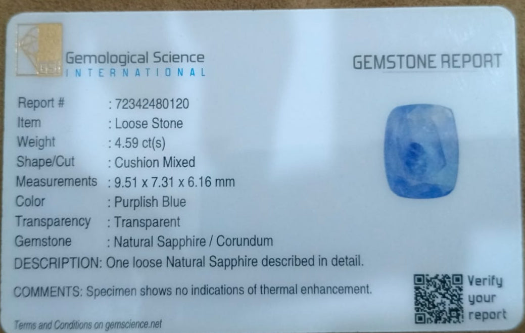 GSI Certified 4.59ct Blue Ceylon Sapphire, 100% Natural untreated Gemstone