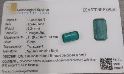 GSI Certified 3.24ct Zambian Emerald , 100% Natural Earth Mined Gemstone.