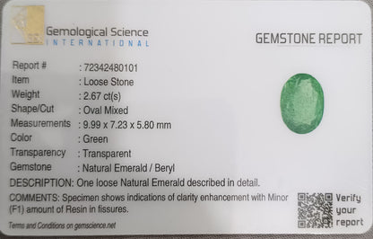 GSI Certified 2.67ct Zambian Emerald, 100% Natural Gemstone