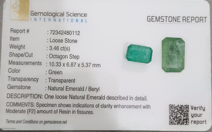 GSI Cerified 3.46ct Zambian Emerald, 100% Natural Gemstone