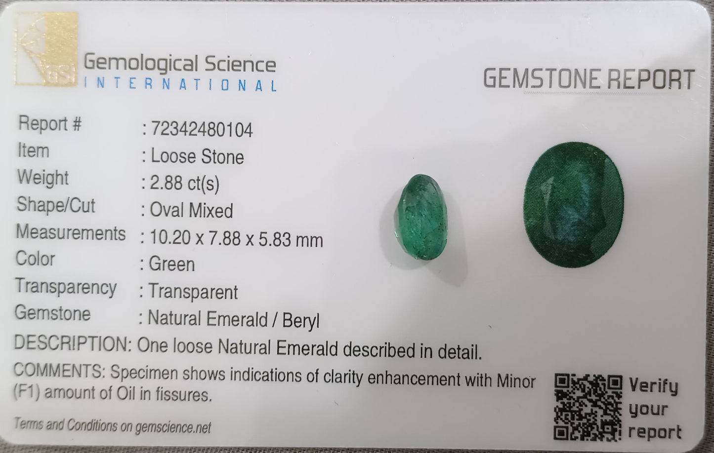 GSI Certified 2.88ct Deep Green Emerald, 100% Natural Gemstone