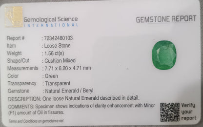 GSI Certified 1.56ct Colombian Emerald, 100% Natural Gemstone