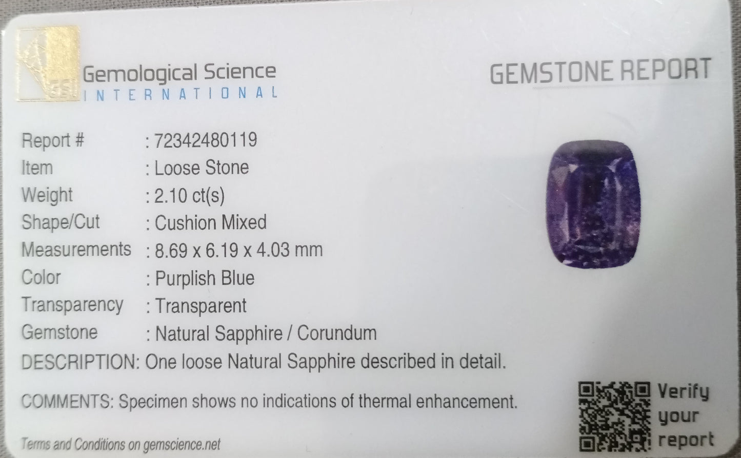 GSI Certified 2.10ct Purplish Blue Sapphire, 100% Natural Untreated Gemstone