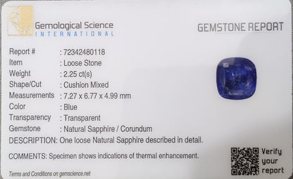 GSI Certified 2.25ct Royal Blue Ceylon Sapphire, 100% Natural Gemstone