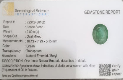 GSI Certified 2.80ct Deep Green Emerald, 100% Natural Gemstone