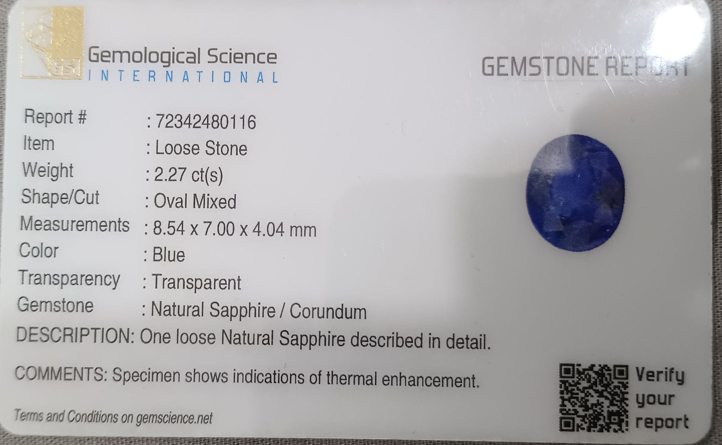 GSI Certified 2.27ct Blue Ceylon Sapphire, 100% Natural Gemstone