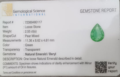 GSI Certified 2.55ct Medium Green Zambian Emerald, 100% Natural Earth Mined Gemstone