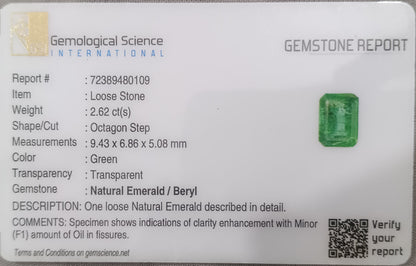 GSI Certified 2.62ct Medium Green Zambian Emerald