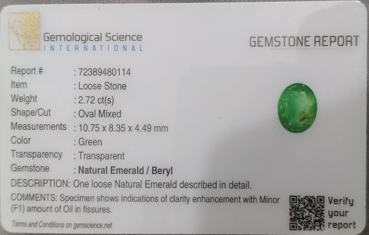 GSI Certified 2.72ct Swat Emerald, 100% Natural Gemstone