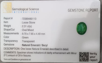 GSI Certified 2.31ct Vivid Medium Green Zambian Emerald, 100% Natural Gemstone