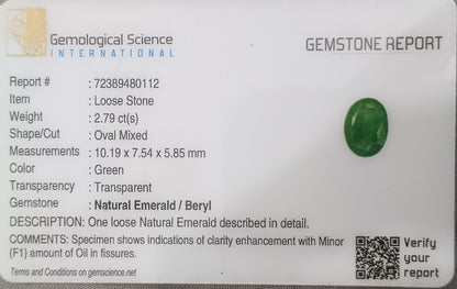 GSI Certified 2.79ct Zambian Emerald, 100% Natural Gemstone