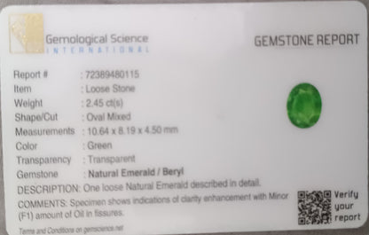 GSI Certified 2.45ct Vivid Medium Green Panjshir Emerald, 100% Natural Gemstone