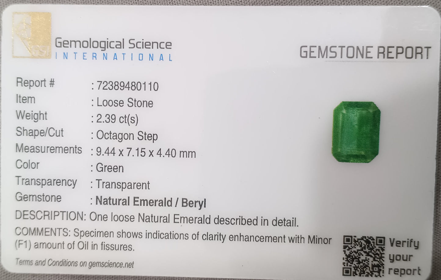 GSI Certified 2.39ct Fine Quality Panjshir Emerald, 100% Natural Gemstone