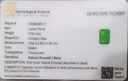 GSI Certified 2.58ct Vivid Green Zambian Emerald, 100% Natural Gemstone