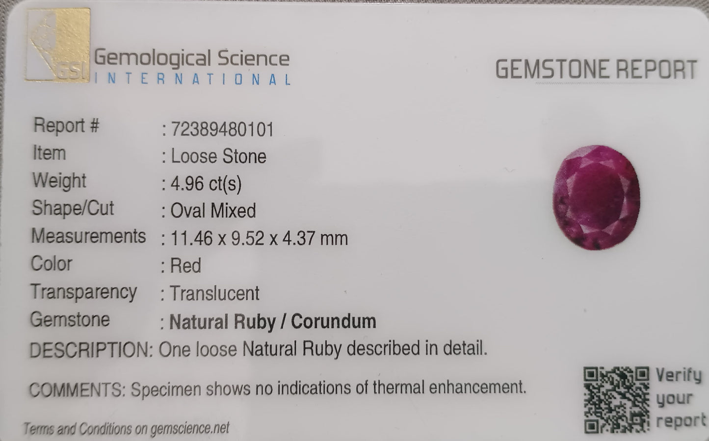 GSI Certified 4.96ct Mozambique Ruby, 100% Natural Gemstone