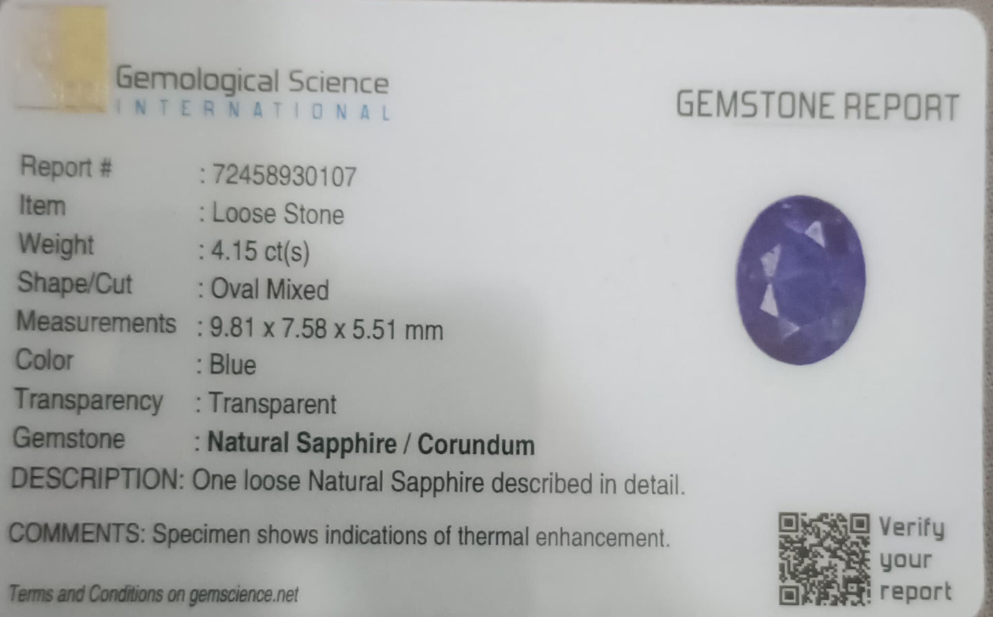 GSI Certified 4.15ct Deep Blue Ceylon Sapphire, 100% Natural Gemstone