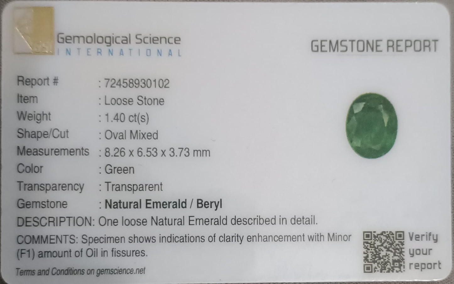 GSI Certified 1.40ct Zambian Emerald, 100% Natural Gemstone