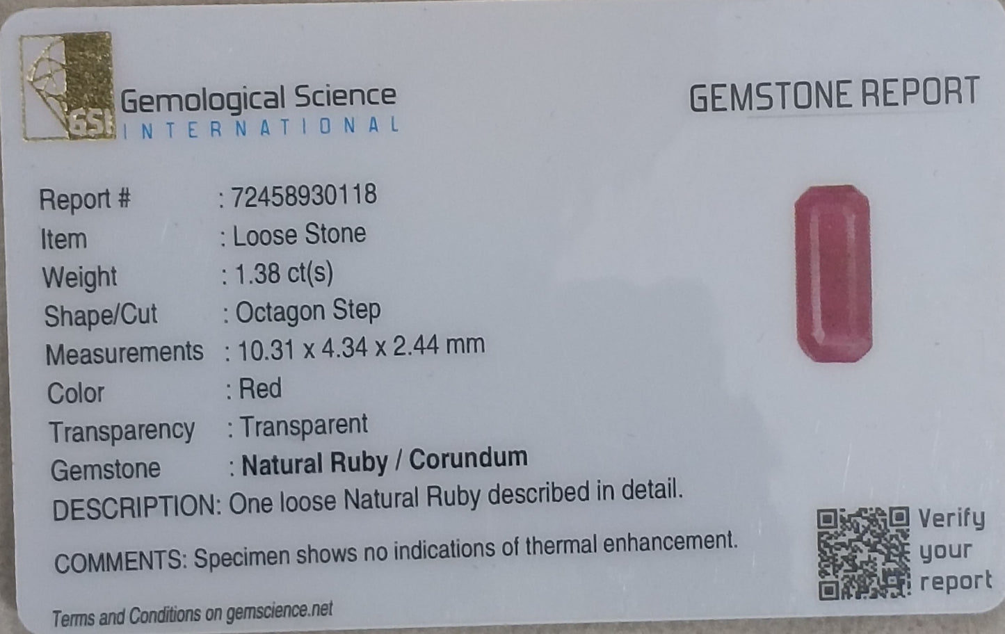 GSI Certified 1.38ct Mozambique Ruby, 100% Untreated  Gemstone