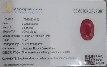 GSI Certified 3.86ct Mozambıque Ruby, 100% Natural Untreated Gemstone