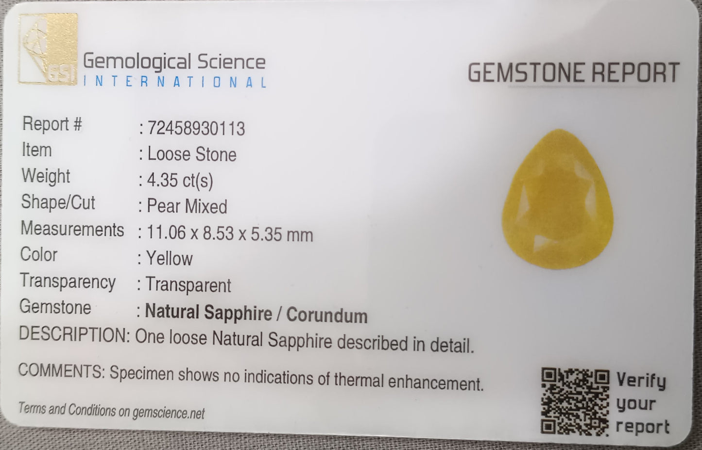 GSI Certified 4.35ct Yellow Sapphire, 100% Natural Untreated Gemstone