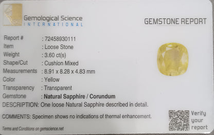 GSI Certified 3.60ct Yellow Sapphire, 100% Natural Untreated Gemstone